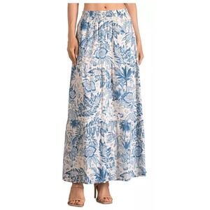 Blue White Tropical Floral Toile Cotton Tiered Maxi Skirt with Pockets Large